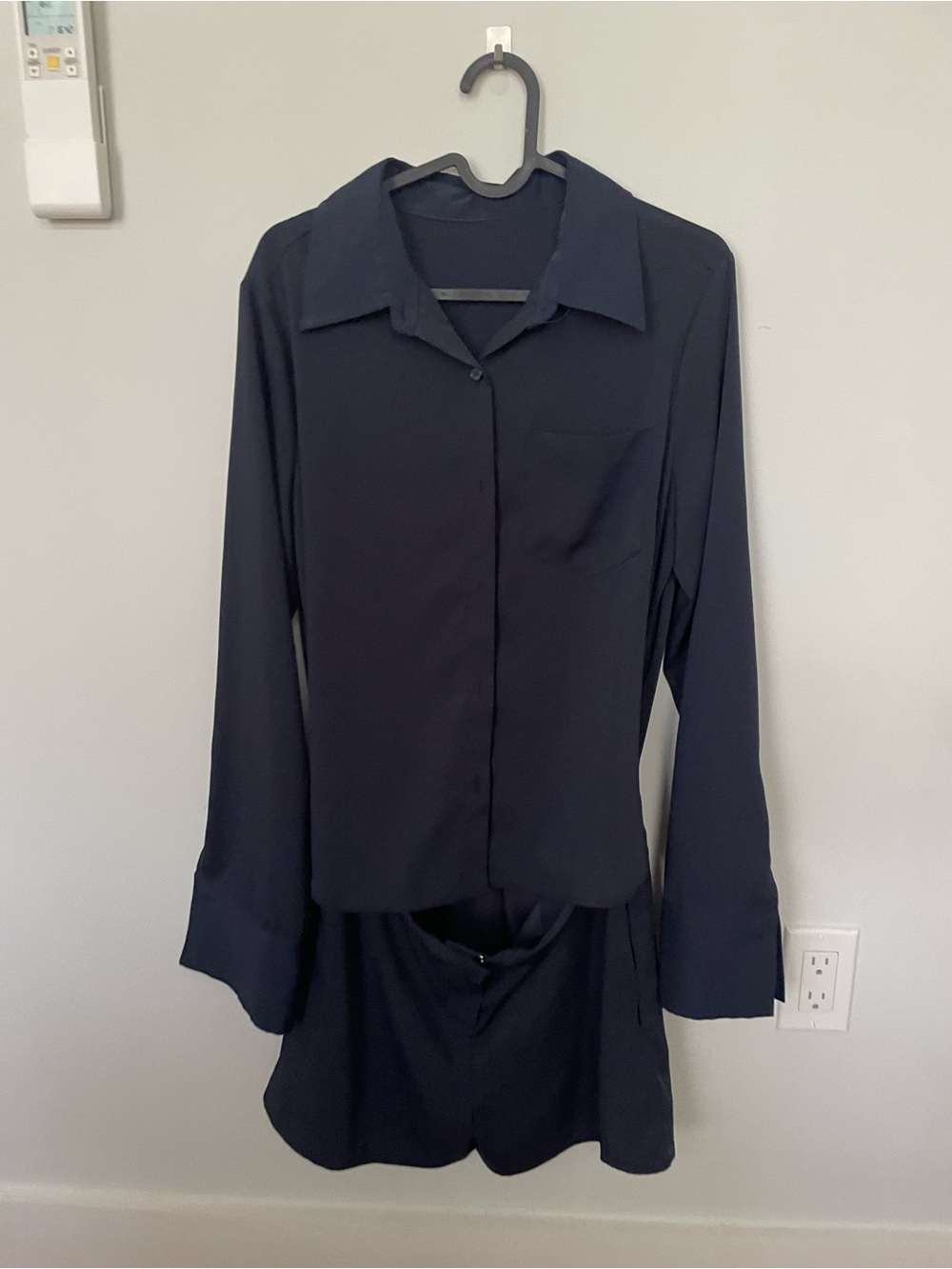 Long-Sleeve Romper with Shorts attached.  Navy Button-Up.